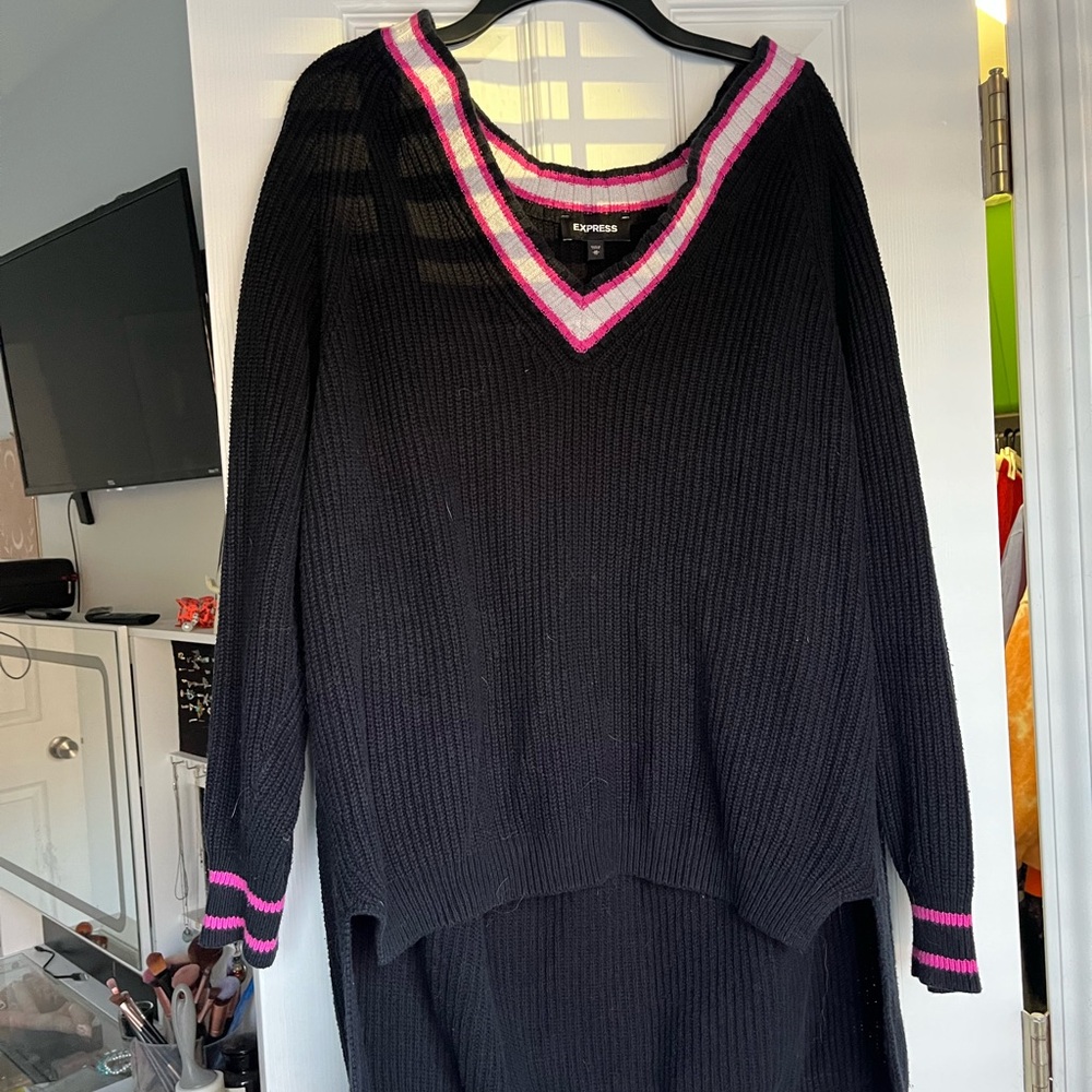 Express V-Neck Sweater in Black with Pink Trim